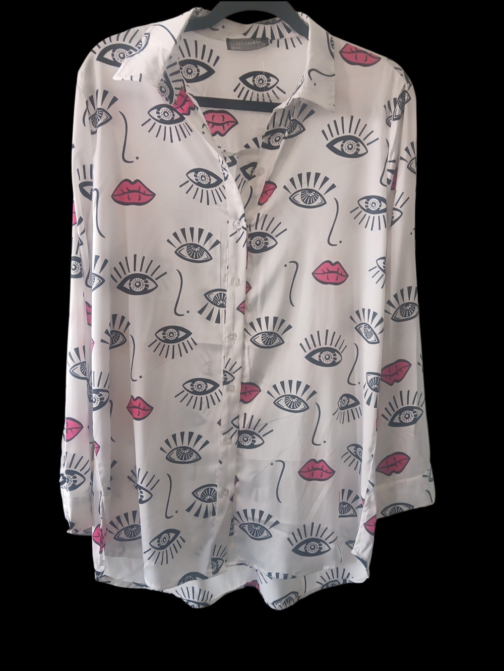 Lulumari White Button-Down Blouse with Eye & Lip Motif